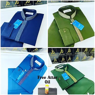 Mens Pakistani /Indian Shalwar Kameez Emroidered Muslim Dress+Free GiftAttar Oil • £26.95