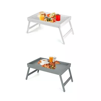 White Grey Bamboo Wooden Breakfast Serving Lap Tray Bed Table With  Folding Legs • £12.99