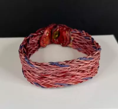 Vintage Hand Made Braided Pink Blue Leather Snap Horse Hair Bracelet- 1688 • £34.05