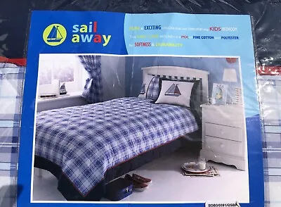 NEW Nautical Sail Away Beach Theme Single Bedspread Blue White And Red Check • £30