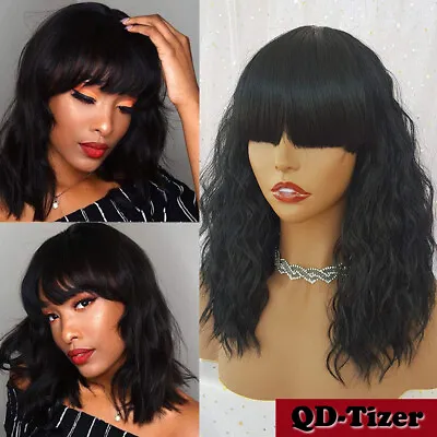 $20.40 • Buy Short Wavy Bob Synthetic Wigs Full Bangs None Lace Wig Black Hair Heat Resistant