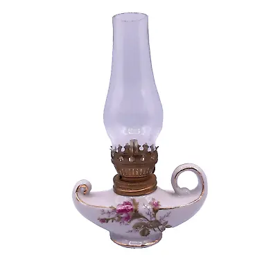 Vintage Mini Porcelain Genie Oil Lamp Finger Loop Moss Rose Clear Shade • $12