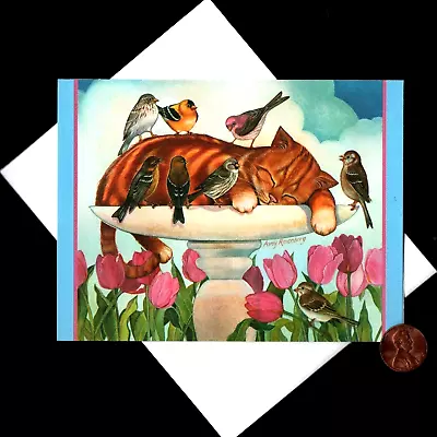 Kitten Cat Tabby Napping In Birdbath Birds - SMALL - Blank Greeting Note Card • $2.75