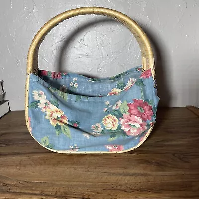 Sewing/Knotting Bag Purse  Tote Wicker Frame Floral Fabric Large 1940s • $20