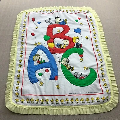 VINTAGE Snoopy Peanuts Baby Blanket White Yellow Crib 33x45 Woodstock Charlie * • $25