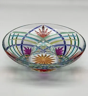 Vintage Murano Cut Crystal Glass Hand Painted Fruit Bowl Italy Sticker 9.5” • $125