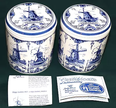 Lot Of 2 Delft Blue Windmill Hand Painted Holland Coffee Tea  Canister Jars Lid • $14.99