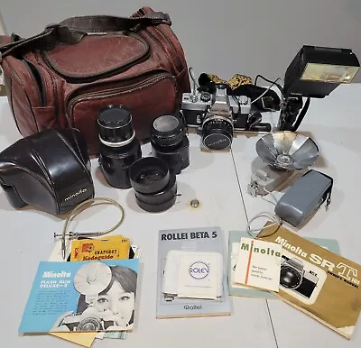 MINOLTA SR-T 101 35mm FILM SLR CMERA W/ Rokkor Lenses - ROLLEI FLASH - EXTRAS • $99.99