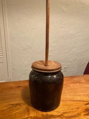 $65 • Buy Antique Brown Ceramic Farmhouse Butter Cream Churn W/ Wood Lid & Dasher Plunger