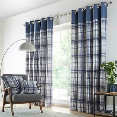 £9.99 • Buy Orleans Tartan Check Eyelet Ready Made Lined Curtains Or Cushion Cover Pr Blue