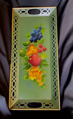 Vintage Hand Painted Tole Lattice Metal Serving Tray 22  Rectangular - FRUITS • $9.95