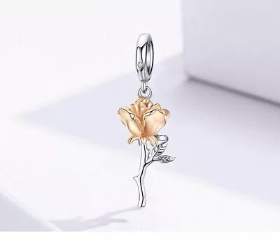 Rose Gold ROSE S925 Sterling Silver Dangle Charm By Charm Heaven NEW • $33