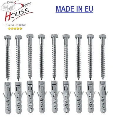 Hexagonal Head Wood Coach Screws Bolts Zinc Plated + Nylon Rawl Plug All Length • £3.08