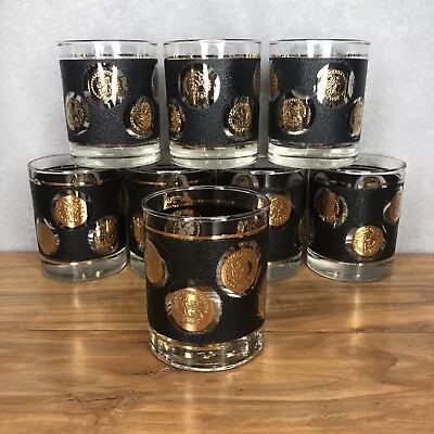 Vintage Libbey Gold Coins Whiskey Glasses Old Fashioned Black And Gold  Set Of 8 • $50