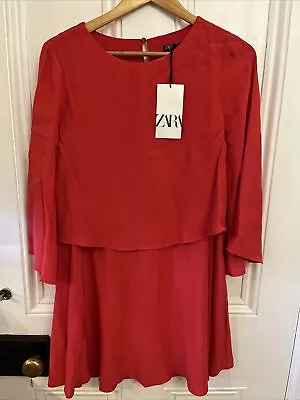 Zara Red Floaty Mini Dress Peplum Layered Size Medium Women's Ladies New • $12.43