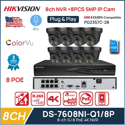 Hikvision 8CH 8PoE NVR CCTV System DS-7608NI-Q1/8P 5MP ColorVu IP Camera Mic Lot • $387.60