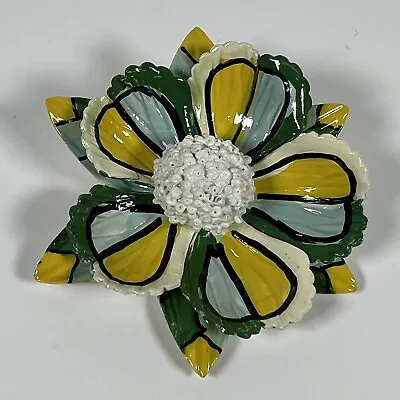 Vintage Celluloid Hand Painted Yellow And Green Dahlia Mum Flower Brooch Japan • $14