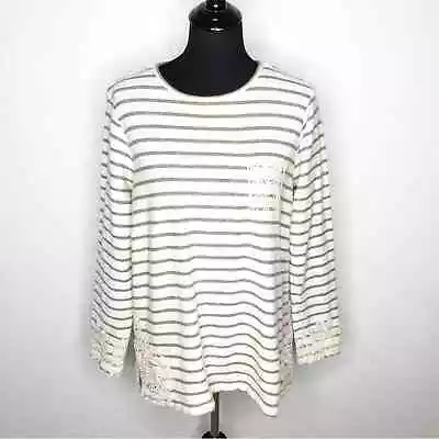 Matilda Jane Cream Olive Army Green Striped Lace Applique Knit Top Size Large • $10