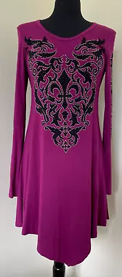 VOCAL Plum Fleur De Lis Embellished Long Sleeve Tunic Dress Size M/L (?) *READ* • $32