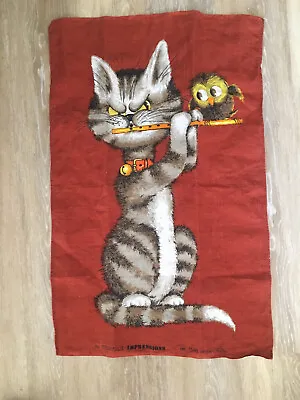 £69.20 • Buy Vintage MCM Impressions Linen Dish Tea Towel Angry Cat Playing Flute Bird