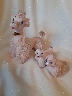 Vintage Pink Spaghetti Poodle Dog Mother With Babies Puppies  MCM Kitchy • $24.99