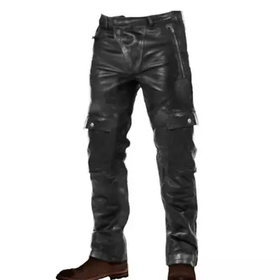 Mens Vintage Pu Leather Motorcycle Pants Pocket Outdoor Business Casual Trousers • $55.46