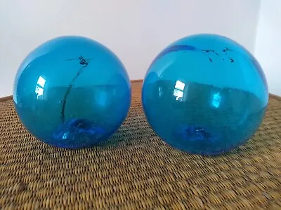 £45 • Buy Pair Blown Blue Glass Spheres In Style Of Fishing Floats Decorative Art Glass