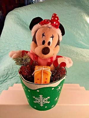 MINNIE MOUSE Plush In A Felt Bucket DISNEY Christmas Decoration 10.5  Tall Rare! • $24.99