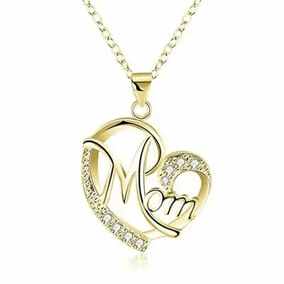 Womens 925 Sterling Silver Gold CZ Love Mom Heart Pendant Link Chain Necklace • $8.99