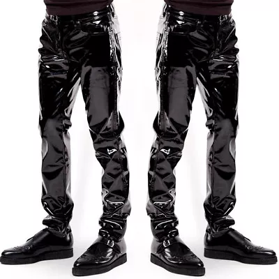  Mens Motorcycle Ridding Exotic Pants PU Latex Catsuit Zipper PVC Stage Clubwear • $31.34