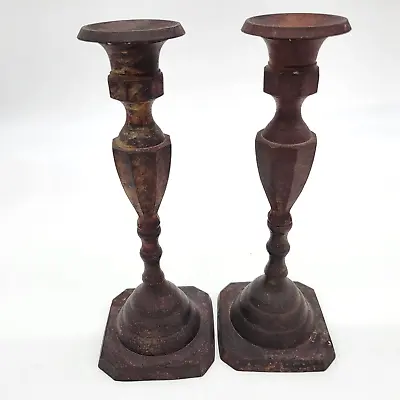 Pair Vintage 8.25 In Tall Cast Iron Candle Stick Holders .75 In Candle Size • $21.95