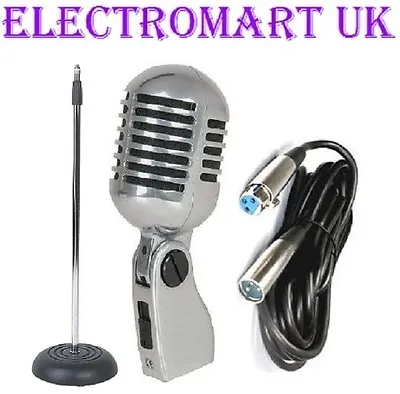 50's STYLE RETRO CHROME MIC MICROPHONE MIC STAND CAST BASE & XLR CABLE 6M • £89.99