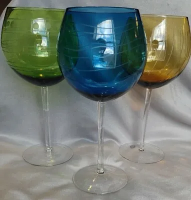 Multi Colored Wine Goblets Glasses Round Bowl Long Thin  Clear Stem Etched Glass • $20.99