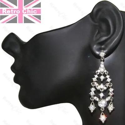 7cm CRYSTAL Retro CHANDELIER EARRINGS Glass Rhinestone SILVER TONE Vintage Style • £2.99