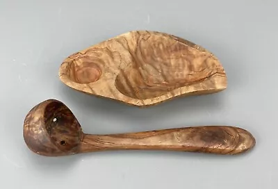 Handcrafted Small OLIVE WOOD Olive Serving BOWL & Perforated LADLE Set • £19.95