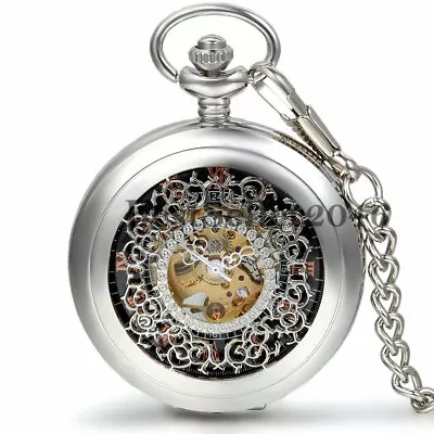 Retro Hollow Roman Numerals Dial Skeleton Mechanical Hand-Winding Pocket Watch • $16.99