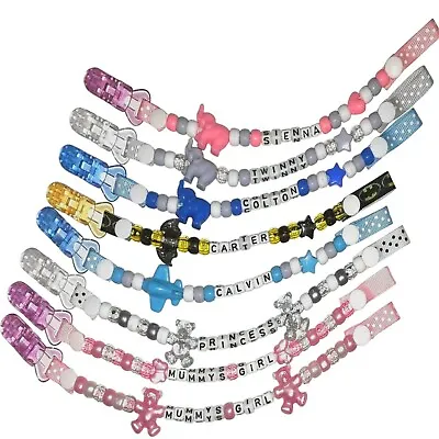 Personalised Dummy Clip Clips Chain Strap Boys Grey White Pink Blue • £3.25