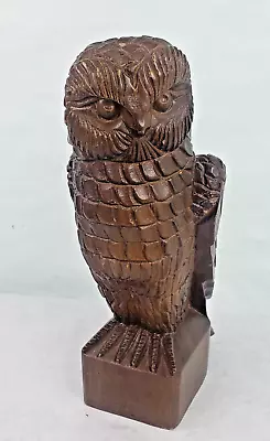 Vintage Hand Carved Wooden Owl Bird Figurine 13  Tall Solid • $20