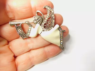 Signed Cream Enamel AB Rhinestone NOEL Angel Blowing Horn Brooch Vintage • $22.37