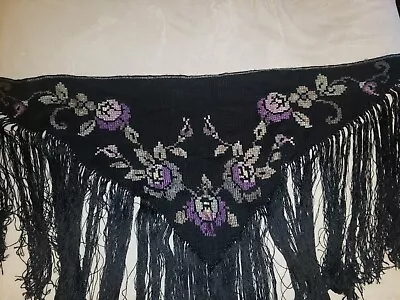 Antique 1920s Black Floral Embroidered Piano Shawl Wrap With Fringe • $84.95