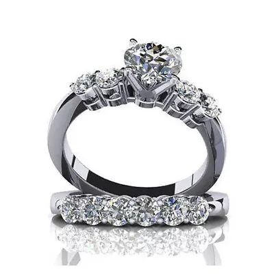 1.35CT White Round Cut CZ Wedding Best Matching Ring Set In 925 Sterling Silver • $99.20