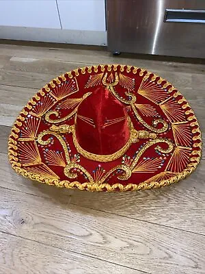 Vintage Red Velvet PIGALLE XXXXXXX  Sombrero Mariachi Hat Gold Trim Mexico • $55