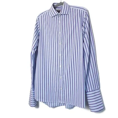 Sartorial Shirt M&S Mens Size 15 Double Cuff Blue Striped 100% Cotton French UK • £8.99