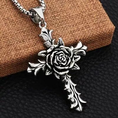 Silver Rose Cross Pendant Christian Necklace Religious Jewelry For Men Women 24  • $11.99