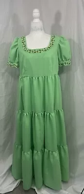 Vintage 1970s Tiered Maxi Dress Bridesmaid Prom Formal Daisies Green Puffy L XL • $79.68