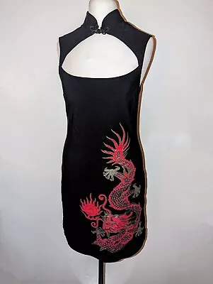 Vintage 90s Miss Selfridge Oriental Mandarin Dress Black Stretch Chinese Dragon  • $24.88