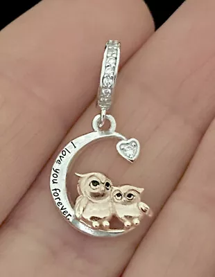 Mum & Baby Owl Charm 925 Sterling Silver I Love You Forever Moon Owls Charm • £16.99