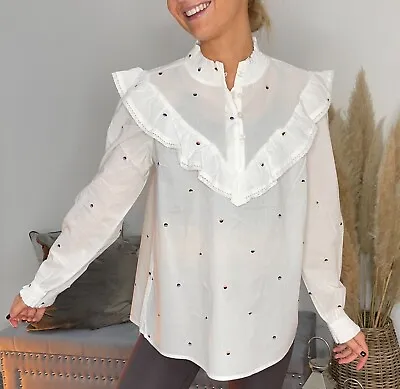 £14.99 • Buy Frill Neck Pure Cotton Embroidered Spot Shirt Blouse 