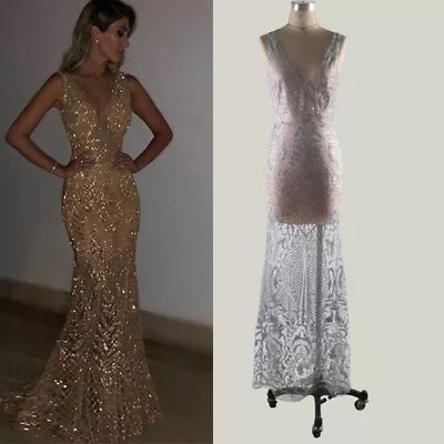 £27.86 • Buy V Neck Dress Beautly Women Evening Party Sparkly Sequins Gown Prom Grace