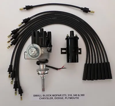 MOPAR 273-318-340-360 BLACK Small Female HEI Distributor + 45K Coil + Plug Wires • $156.88